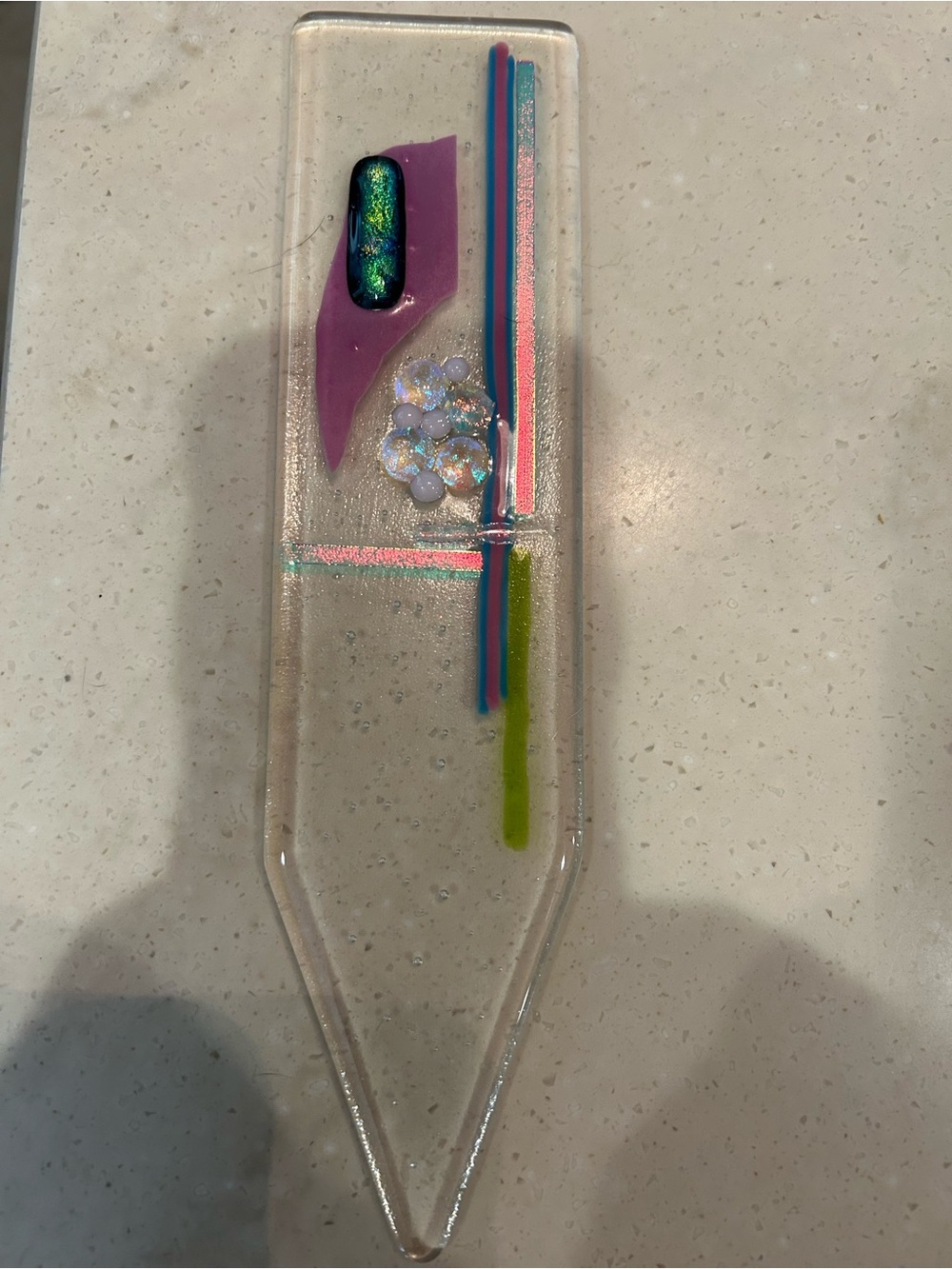 Handcrafted Clear Glass Plant Stake with Pink and Blue Accents
